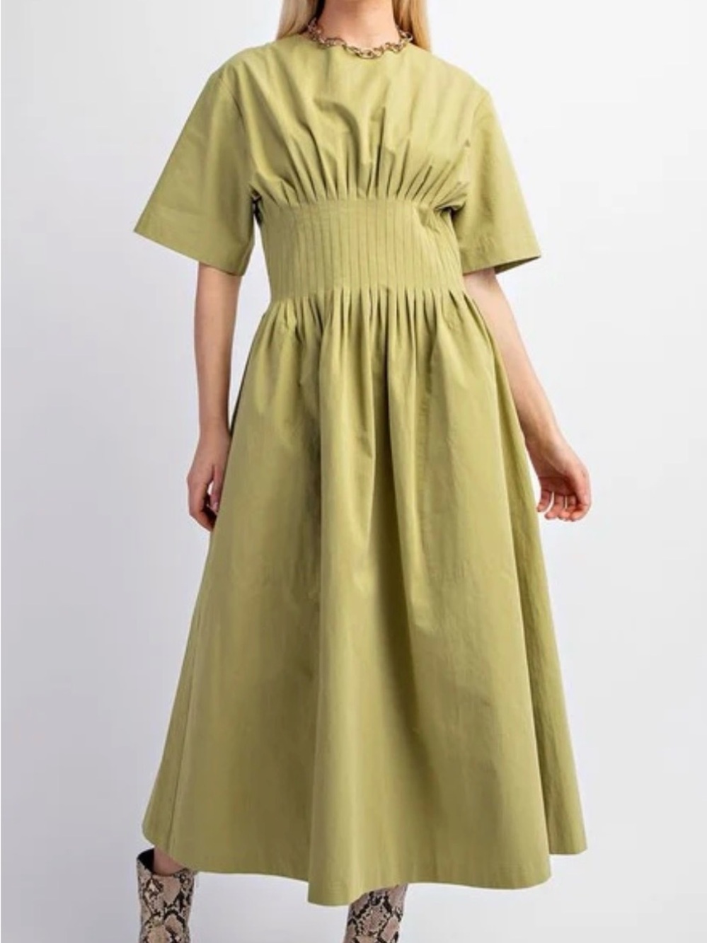 Smocked Pintuck Waist Midi Dress in Olive Green